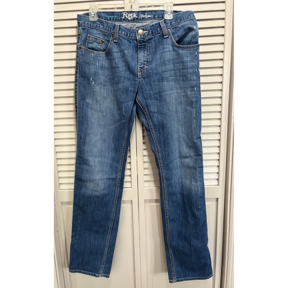 Wrangler Rock 47 Med Wash Boyfriend Fit‎ Jeans Mid Rise Size 33x33 Distressed